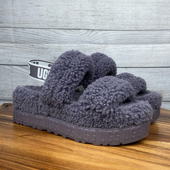 UGG Oh Fluffita Platform Genuine Shearling Slingback Slipper Sandal Shade Purple - Picture 3 of 12